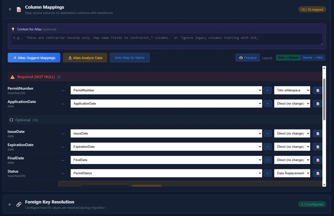 PrismBridge Column Mapping Interface showing AI-powered source to destination column mapping with transform options and foreign key resolution