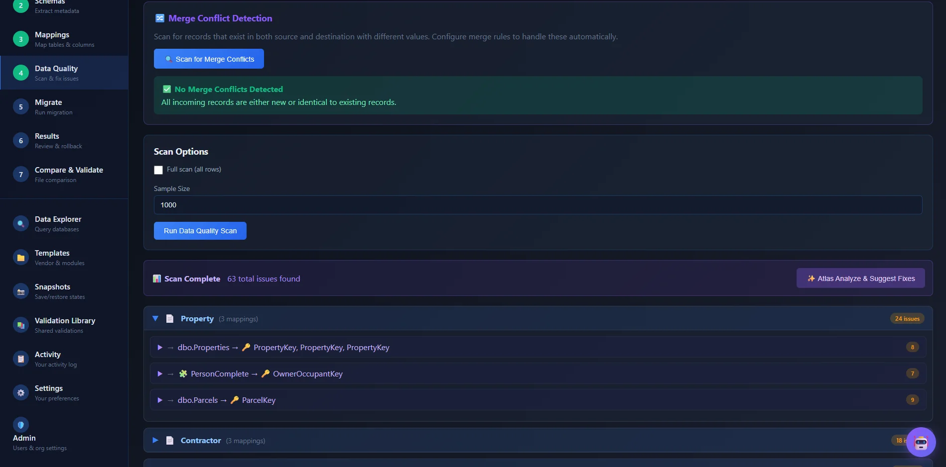 PrismBridge Data Quality Scan results showing pre-migration validation with merge conflict detection and AI-suggested fixes