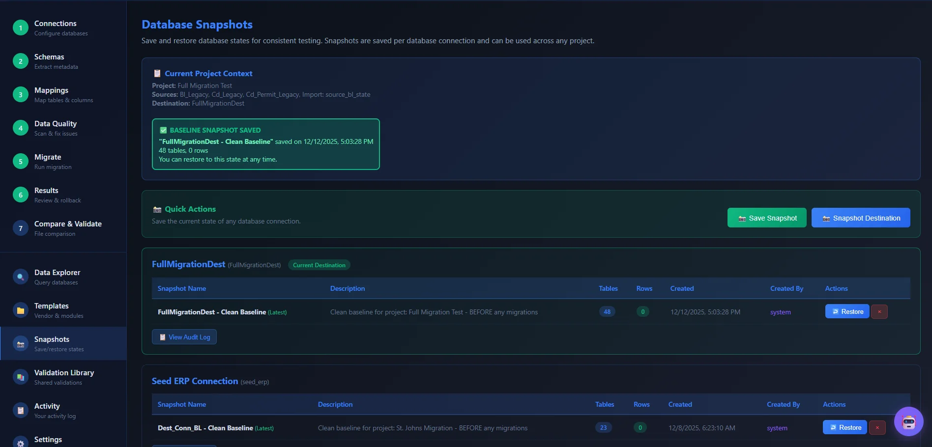 PrismBridge Database Snapshots feature showing point-in-time backup management with instant rollback capability
